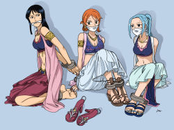 Rule 34 | 3girls, alabasta, armlet, arms behind back, barefoot, bdsm, black hair, blue background, blue eyes, blue hair, blue nails, bondage, bound, bound ankles, bound wrists, breasts, brown eyes, cleavage, cleave gag, cloth gag, cuffs, earrings, feet, gag, gagged, halterneck, harem outfit, high heels, improvised gag, jewelry, kneeling, long hair, lost one zero, midriff, multiple girls, nail polish, nami (one piece), navel, necklace, nefertari vivi, nico robin, one piece, open shoes, orange hair, over the mouth gag, over the nose gag, ponytail, purple eyes, red nails, sandals, shackles, shadow, shoes, unworn shoes, signature, simple background, sitting, skirt, sleeveless, sweat, sweatdrop, toe ring, toenail polish, toenails, toes