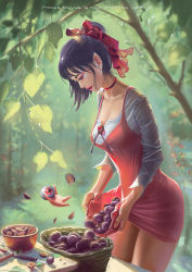 Rule 34 | 1girl, absurdres, artist name, blurry, blurry background, blurry foreground, bow, breasts, choker, dated, depth of field, dress, eyeshadow, food, forest, fruit, gegege no kitarou, hair bow, highres, knife, lips, lipstick, makeup, mars foong, medama oyaji, medium breasts, nature, nekomusume, nekomusume (gegege no kitarou 6), nose, outdoors, plum, pointy ears, purple hair, red bow, red dress, short hair, skirt basket, solo