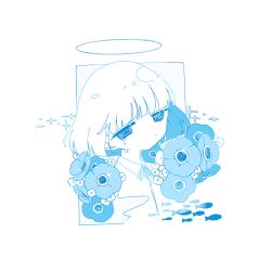 Rule 34 | 1girl, air bubble, anemone (flower), black eyes, blue flower, blue hair, blunt bangs, bob cut, bubble, collared shirt, colored inner hair, commentary, cropped torso, crying, crying with eyes open, dot mouth, double exposure, fish, fish-shaped pupils, flower, from side, halo, highres, jitome, limited palette, looking at viewer, multicolored hair, neck ribbon, negative space, original, ribbon, shirt, short hair, solid eyes, solo, sparkle, sskitaco, tears