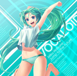 Rule 34 | 1girl, :d, alternate hairstyle, aqua hair, arms up, bad id, bad pixiv id, barefoot, blue eyes, feet, green hair, hatsune miku, jumping, long hair, midriff, open mouth, panties, ponytail, shirt, smile, solo, striped clothes, striped panties, underwear, very long hair, vocaloid, yahako