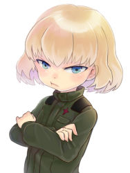 Rule 34 | 10s, 1girl, aozora-c, bad id, bad pixiv id, blonde hair, blue eyes, crossed arms, girls und panzer, katyusha (girls und panzer), military, military uniform, pout, short hair, short jumpsuit, solo, uniform, upper body, white background