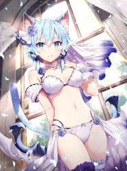 Rule 34 | 1girl, animal ear fluff, animal ears, bare shoulders, blue eyes, blue flower, blue hair, blue rose, blush, bow, bow panties, bra, breasts, cat ears, cat girl, cat tail, closed mouth, collarbone, commentary request, crotch seam, curtains, flower, gabiran, hair between eyes, hair flower, hair ornament, hand up, indoors, looking at viewer, medium breasts, navel, panties, rose, short hair, sinon, solo, sword art online, tail, thighs, transparent, underwear, white bra, white panties, window