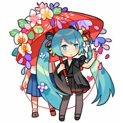 Rule 34 | 2girls, :o, aqua eyes, aqua hair, blush, character request, flower, full body, getiao, hair ribbon, hatsune miku, long hair, lowres, multiple girls, pantyhose, parasol, parted lips, petals, ribbon, simple background, solo focus, standing, string, string of fate, twintails, umbrella, very long hair, vocaloid, white background