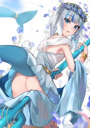 Rule 34 | 1girl, absurdres, ass, blue eyes, blue hair, dress, fins, fish tail, flower, gawr gura, gawr gura (casual), haru yu, head wreath, highres, holding trident, hololive, hololive english, looking at viewer, medium hair, multicolored hair, no panties, official alternate costume, shark girl, shark tail, solo, streaked hair, tail, virtual youtuber, white dress, white hair