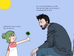 Rule 34 | 1boy, 1girl, 4chan, :d, beard, bench, black hair, child, clover, crossover, drawfag, english text, eye contact, facial hair, four-leaf clover, green eyes, green hair, keanu reeves, koiwai yotsuba, looking at another, meme, mustache, name connection, object namesake, open mouth, quad tails, raglan sleeves, real life, simple background, sitting, smile, yotsubato!