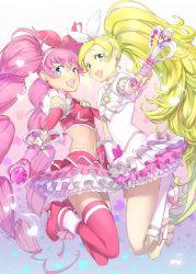 Rule 34 | 10s, 2girls, beamed quavers, blonde hair, blue eyes, boots, bow, choker, cure melody, cure rhythm, green eyes, heart, highres, houjou hibiki, knee boots, legs, long hair, magical girl, midriff, mikurou (cydmcr), mikurou (nayuta), minamino kanade, multiple girls, musical note, navel, open mouth, pink bow, pink hair, ponytail, precure, quaver, ribbon, suite precure, thighhighs, twintails, white choker