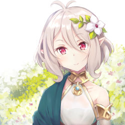 Rule 34 | 1girl, antenna hair, commentary request, day, flat chest, flower, hair between eyes, hair flower, hair ornament, head tilt, kokkoro (princess connect!), looking at viewer, nakatokung, outdoors, platinum blonde hair, pointy ears, princess connect!, red eyes, short hair, smile, solo, split mouth, upper body