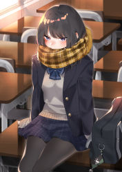 Rule 34 | 1girl, arms at sides, bag, bag charm, black hair, black jacket, black pantyhose, blazer, blue bow, blue bowtie, blue eyes, blue skirt, bow, bowtie, brown scarf, buttons, charm (object), classroom, commentary request, day, desk, enpera, fringe trim, highres, indoors, jacket, long hair, long sleeves, looking at viewer, miniskirt, on table, open clothes, open jacket, original, pantyhose, plaid, plaid scarf, plaid skirt, pleated skirt, scarf, scarf over mouth, school bag, school desk, sino42, sitting, skirt, sleeves past wrists, solo, table, unbuttoned, v-shaped eyebrows