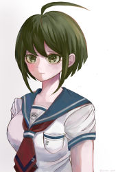 Rule 34 | 1girl, ahoge, alternate hair color, blue sailor collar, breast pocket, breasts, closed mouth, commentary request, danganronpa (series), danganronpa another episode: ultra despair girls, green eyes, green hair, grey background, highres, large breasts, naegi komaru, necktie, pocket, red necktie, sailor collar, short hair, simple background, solo, upper body, xi li ye wei