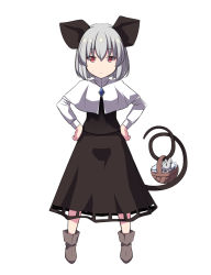 Rule 34 | 1girl, animal ears, basket, breasts, brown footwear, capelet, closed mouth, commentary request, crystal, expressionless, full body, grey hair, grey skirt, grey vest, hands on own hips, highres, jewelry, layered clothes, long skirt, long sleeves, looking at viewer, mouse (animal), mouse ears, mouse girl, mouse tail, nazrin, otoufu (wddkq314band), pendant, red eyes, shirt, shoes, short hair, simple background, skirt, skirt set, small breasts, standing, tail, touhou, vest, white background, white capelet, white shirt