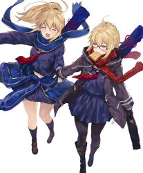 Rule 34 | 2girls, artoria pendragon (all), artoria pendragon (fate), blonde hair, braid, bread slice, casual, closed eyes, clothes around waist, fate/grand order, fate (series), food, food in mouth, highres, jacket, jacket around waist, master artoria, mouth hold, multiple girls, mysterious heroine x (fate), mysterious heroine x alter (fate), mysterious heroine x alter (first ascension) (fate), pantyhose, saber (fate), scarf, school uniform, skirt, toast, toast in mouth, tokopi