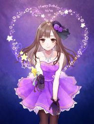 Rule 34 | 1girl, bare shoulders, black gloves, black hat, blue background, blush, brown eyes, brown hair, brown pantyhose, chisumi, closed mouth, collarbone, commentary request, dated, dress, flower, gloves, gradient background, hand on leg, happy birthday, hat, hat flower, heart, highres, holding, holding wand, idolmaster, idolmaster cinderella girls, jewelry, long hair, mizumoto yukari, pantyhose, pendant, pleated dress, purple background, purple dress, purple flower, purple rose, rose, smile, solo, star (symbol), strapless, strapless dress, tilted headwear, wand