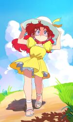 Rule 34 | 1girl, earrings, green eyes, hat, highres, jewelry, non-web source, original, red hair, sandals, yo-co