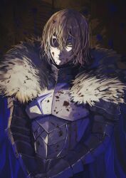 Rule 34 | 1boy, armor, armored gloves, bags under eyes, black armor, black fur, blonde hair, blood, blood in hair, blood on armor, blood on clothes, blood on face, blue cape, blue eyes, breastplate, cape, commentary, dimitri alexandre blaiddyd, dried blood, eyepatch, fire emblem, fire emblem: three houses, fur-trimmed cape, fur trim, gloves, hair between eyes, hashtag-only commentary, highres, looking at viewer, male focus, nintendo, one eye covered, own hands together, paint splatter, small pupils, solo, takai misa, upper body, white fur