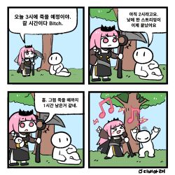 Rule 34 | &gt;o&lt;, 1girl, artist name, black dress, closed mouth, crown, dress, emaka, grass, hand on own hip, holding, holding scythe, holding weapon, hololive, hololive english, korean text, mori calliope, open mouth, pink eyes, pink hair, scythe, sitting, speech bubble, standing, translated, tree, virtual youtuber, weapon