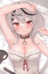 Rule 34 | 1girl, ahoge, arm on own head, arm up, armpits, bare shoulders, belt collar, black hair, blush, braid, breasts, chocomaru, cleavage, collar, fang, hair ornament, heart, heart necklace, highres, hololive, jewelry, looking at viewer, lying, mask, multicolored hair, necklace, on back, parted lips, red eyes, sakamata chloe, sakamata chloe (1st costume), silver hair, solo, streaked hair, virtual youtuber, x hair ornament