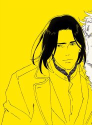 Rule 34 | 1boy, banana fish, black hair, buttons, cleaned, collared shirt, eyebrows, forehead, highres, jacket, light smile, long hair, looking at viewer, official art, parted bangs, sergei varishikov, shirt, smile, solo, yellow background