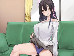 Rule 34 | 1girl, amai wakusei, black hair, blush, breasts, clothes lift, couch, curtains, female focus, flashing, grin, groin, hair between eyes, happy, highres, indoors, large breasts, legs, lifted by self, light blush, long hair, long sleeves, looking at viewer, naughty face, off-shoulder shirt, off shoulder, orange eyes, original, panties, pantyshot, pillow, presenting, shirt, sitting, skirt, skirt lift, smile, solo, sound effects, spread legs, thighs, underwear, window, zipper