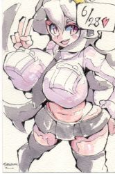 Rule 34 | 1girl, black hair, blush stickers, breasts, dated, filia (skullgirls), from above, hand on own hip, heart, highres, large breasts, long hair, looking at viewer, navel, necktie, open mouth, painting (medium), panty straps, pleated skirt, red eyes, samson (skullgirls), school uniform, shirt pocket, skirt, skullgirls, slit pupils, smile, solo, source request, thick thighs, thighhighs, thighs, tomozawa mamoru, traditional media, v, watercolor (medium), whale tail (clothing)