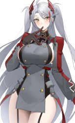 Rule 34 | 1girl, antenna hair, azur lane, breasts, buttons, clothing cutout, cowboy shot, cross, double-breasted, finger to mouth, flag print, garter straps, grey hair, headgear, highres, index finger raised, iron cross, long hair, long sleeves, mole, multicolored hair, orange eyes, prinz eugen (azur lane), raitho, red hair, side cutout, sideboob, streaked hair, thighhighs, two side up