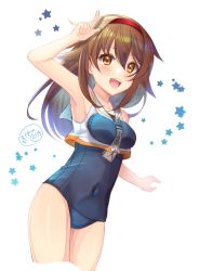 Rule 34 | 1girl, alternate costume, armpits, blush, breasts, brown eyes, brown hair, cosplay, cowboy shot, dated, feet out of frame, framed breasts, hair between eyes, hair flaps, hairband, i-13 (kancolle), i-13 (kancolle) (cosplay), ittokyu, kantai collection, long hair, looking at viewer, medium breasts, one-piece swimsuit, open mouth, orange hairband, red hairband, sailor collar, school swimsuit, school uniform, shiratsuyu (kancolle), signature, smile, solo, star (symbol), starry background, swimsuit, white background, white sailor collar