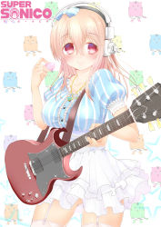 Rule 34 | 1girl, absurdres, blush, bow, breasts, chihio, chihiro (khorosho), electric guitar, food, garter straps, guitar, headphones, highres, instrument, large breasts, long hair, looking at viewer, macaron, nitroplus, pink eyes, pink hair, smile, solo, super sonico