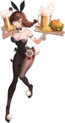 Rule 34 | 1girl, animal ears, beer mug, black bow, black bowtie, black leotard, bow, bowtie, braid, breasts, brown hair, brown pantyhose, bunny bunny (reverse:1999), burger, cheese, cleavage, cup, detached collar, food, hair bow, highres, holding, holding tray, large breasts, leotard, lettuce, looking at viewer, mug, official art, open mouth, pantyhose, playboy bunny, rabbit ears, rabbit tail, red bow, reverse:1999, smile, solo, standing, standing on one leg, tachi-e, tail, third-party source, transparent background, tray, twin braids