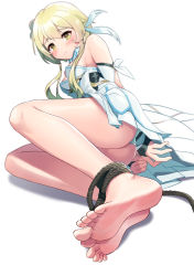 Rule 34 | 1girl, arka91, arms behind back, ass, bare legs, bare shoulders, barefoot, bdsm, blonde hair, blush, bondage, bound, bound ankles, bound wrists, closed mouth, commentary request, detached sleeves, dress, feet, flower, foot focus, foreshortening, full body, genshin impact, hair flower, hair ornament, highres, korean commentary, legs, long hair, looking at viewer, lumine (genshin impact), panties, revision, rope, simple background, soles, solo, toes, underwear, white background, white dress, white flower, white panties, yellow eyes