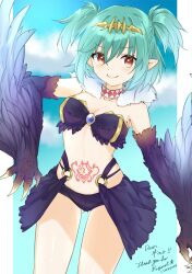Rule 34 | 1girl, black feathers, black wings, breasts, claws, cleavage, commission, feathers, gluteal fold, green hair, hair between eyes, harpy, highres, indie virtual youtuber, lincoro, miyami (sirukasiruka), monster girl, navel, pointy ears, red eyes, short twintails, skeb commission, small breasts, smile, solo, stomach tattoo, tattoo, thank you, tiara, twintails, virtual youtuber, winged arms, wings