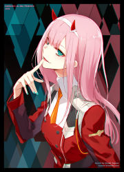 Rule 34 | 10s, 1girl, aqua eyes, aqua nails, artist name, black border, border, buttons, chromatic aberration, darling in the franxx, double-breasted, eyeshadow, finger to mouth, fuyuno yuuki, hairband, highres, horns, index finger raised, lips, long sleeves, looking at viewer, makeup, multicolored background, nail polish, necktie, orange necktie, parted lips, pink hair, short necktie, solo, straight hair, tsurime, upper body, watermark, web address, white hairband, zero two (darling in the franxx)