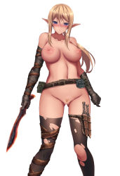 Rule 34 | 1girl, absurdres, akina t, asymmetrical gloves, bar censor, belt, black thighhighs, blonde hair, blush, breasts, brown belt, censored, elbow gloves, elf, female pubic hair, gloves, highres, holding, holding knife, knife, kukri, large breasts, long hair, navel, nipples, nude, original, pointy ears, ponytail, pubic hair, purple eyes, pussy, sheath, sheathed, simple background, solo, standing, thigh strap, thighhighs, torn clothes, torn thighhighs, uneven gloves, white background
