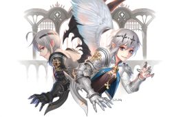 Rule 34 | 1boy, ahoge, angel, angel and devil, angel wings, armor, back-to-back, black armor, blade, blue eyes, claw (weapon), demon boy, demon wings, gauntlets, grey eyes, grey hair, hair between eyes, highres, looking at another, male focus, parted lips, pauldrons, pointy ears, seven knights, shoulder armor, signature, single wing, smile, solo, soyoong jun, upper body, vambraces, weapon, wings, zipper, zipper pull tab