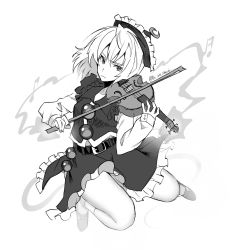 Rule 34 | 1girl, beamed eighth notes, belt, bow (music), closed mouth, crescent, crescent hat ornament, eighth note, frilled hat, frilled skirt, frills, full body, greyscale, hat, hat ornament, highres, holding, holding instrument, holding violin, instrument, kamenozoki momomo, long sleeves, looking at viewer, lunasa prismriver, monochrome, music, musical note, one-hour drawing challenge, playing instrument, shoes, short hair, simple background, skirt, socks, solo, touhou, twitter username, vest, violin