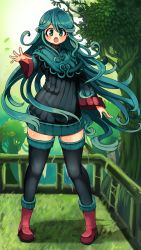 Rule 34 | 1girl, :o, black thighhighs, blush, boots, borokuro, creatures (company), day, full body, game freak, gen 4 pokemon, grass, green eyes, green hair, highres, leaf, long hair, nintendo, outdoors, outstretched hand, personification, pokemon, railing, red footwear, ribbed sweater, solo, standing, sweater, tangrowth, thighhighs, tree, very long hair, zettai ryouiki