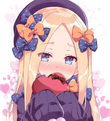 Rule 34 | 1girl, abigail williams (fate), bad id, bad pixiv id, black bow, black dress, black hat, blonde hair, blue eyes, blush, bow, box, brown ribbon, commentary request, covering own mouth, dress, eyes visible through hair, fate/grand order, fate (series), gift, gift box, hair bow, hands up, hat, heart, heart-shaped box, heart background, holding, holding gift, long hair, long sleeves, looking at viewer, nose blush, orange bow, parted bangs, photoshop (medium), polka dot, polka dot bow, revision, ribbon, rioshi, sidelocks, sleeves past fingers, sleeves past wrists, solo, straight hair, upper body, valentine, white background