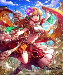Rule 34 | 10s, 1girl, armlet, bare shoulders, blonde hair, blue sky, breasts, chain, city, cleavage, cloud, cloudy sky, commentary request, copyright name, day, flower, gem, green eyes, hair flower, hair ornament, highres, jewelry, large breasts, lee hyeseung, legband, long hair, looking away, looking to the side, navel, official art, open mouth, outdoors, pelvic curtain, people, shingeki no bahamut, sky, smile, solo focus, sparkle, standing, standing on one leg, tower, watermark, wristlet