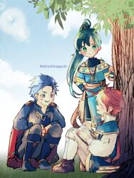 Rule 34 | 1girl, 2boys, against tree, blue eyes, blue footwear, blue hair, blue sky, boots, brown footwear, cape, closed eyes, closed mouth, cloud, commentary request, eliwood (fire emblem), eliwood (pledged friend) (fire emblem), fire emblem, fire emblem: the blazing blade, fire emblem heroes, gold trim, green eyes, hand on own hip, hector (fire emblem), hector (sworn friend) (fire emblem), high ponytail, jewelry, long hair, lyn (fire emblem), lyn (winds of hope) (fire emblem), multiple boys, necklace, nintendo, nishimura (shinchinagachi), open mouth, red cape, red hair, sitting, sky, smile, squatting, tree