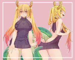 Rule 34 | 10s, 1girl, :d, aran sweater, ass, backless dress, backless outfit, bare back, bare shoulders, black sweater, blonde hair, border, breasts, cable knit, commentary, dragon girl, dragon horns, dragon tail, drawstring, dress, fang, gradient hair, horns, iwbitu, kobayashi-san chi no maidragon, large breasts, long hair, looking at viewer, meme attire, multicolored hair, multiple views, naked sweater, no pants, open mouth, orange eyes, pink hair, ribbed sweater, sideboob, slit pupils, smile, sweater, sweater dress, tail, thighs, tohru (maidragon), turtleneck, turtleneck sweater, twintails, two-tone hair, virgin killer sweater