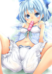 Rule 34 | 1girl, babydoll, bloomers, blue bow, blue eyes, blue hair, blue ribbon, blush, bow, breasts, chikado, cirno, commentary, eyelashes, green ribbon, hair bow, ice, ice wings, looking at viewer, matching hair/eyes, melting, mouth hold, ribbon, short hair, simple background, small breasts, solo, spread legs, strap gap, strap slip, sweat, touhou, tupet, underwear, wings