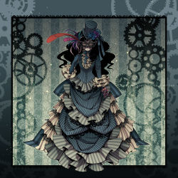 Rule 34 | 1girl, dress, feathers, flower, frills, gloves, hat, marie-ange, mask, pd-x, pixiv automata, rose, solo, too many, top hat