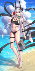 Rule 34 | 1girl, apple, arknights, bare legs, bare shoulders, barefoot, beach, bikini, black bikini, black choker, blue sky, bowlp, breasts, choker, cleavage, cloud, commentary request, day, food, fruit, full body, grey hair, hammer, hand up, highres, holding, holding food, holding fruit, holding hammer, holding weapon, horns, infection monitor (arknights), large breasts, mudrock (arknights), mudrock (silent night) (arknights), navel, ocean, pointy ears, red eyes, shawl, sky, solo, standing, stomach, swimsuit, thighs, water, weapon