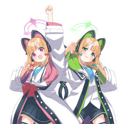 Rule 34 | 2girls, animal ear headphones, animal ears, arm up, black shorts, black skirt, black thighhighs, blonde hair, blue archive, blue necktie, blush, bow, cat day, claw pose, collared shirt, commentary request, dress shirt, fake animal ears, green eyes, hair bow, halo, hands up, head tilt, headphones, jacket, long sleeves, looking at viewer, midori (blue archive), momoi (blue archive), multiple girls, necktie, o (rakkasei), open clothes, open jacket, pleated skirt, red bow, red eyes, shirt, short shorts, shorts, siblings, sidelocks, simple background, sisters, skirt, suspender skirt, suspenders, thighhighs, v-shaped eyebrows, white background, white jacket, white shirt, wide sleeves