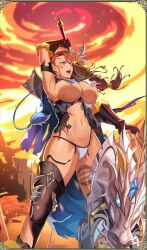 Rule 34 | 1girl, armor, blue eyes, branwen (queen&#039;s blade), breasts, highres, large breasts, navel, non-web source, official art, open mouth, panties, queen&#039;s blade, queen&#039;s blade limit break, queen&#039;s blade rebellion, shield, thighs, torn clothes, underwear, white panties