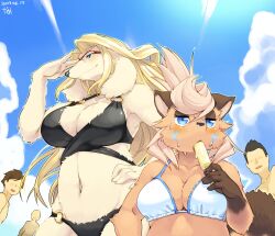 Rule 34 | 2girls, 3boys, adjusting eyewear, animal ears, animal nose, arm up, artist name, bare shoulders, bikini, black bikini, blonde hair, blue background, blue eyes, blue outline, blue sky, blush, body fur, breasts, brown fur, brown hair, cleavage, closed mouth, cloud, collarbone, dated, day, dog ears, dog girl, eating, faceless, faceless male, facial mark, food, furry, furry female, glasses, hair intakes, half-closed eyes, hand on own hip, hand up, height difference, highres, holding, holding food, hot, kame (3t), large breasts, long hair, multiple boys, multiple girls, navel, o-ring, o-ring bikini, o-ring bottom, o-ring top, open mouth, original, outdoors, outline, popsicle, raccoon ears, raccoon girl, raccoon tail, red-framed eyewear, rin-chan (kame (3t)), semi-rimless eyewear, short hair, sidelocks, signature, sky, snout, standing, stomach, sweat, swept bangs, swimsuit, tail, tongue, tongue out, topknot, two-tone fur, upper body, white bikini, yellow fur