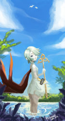 Rule 34 | 1girl, blue eyes, breath of fire, breath of fire v, dress, facial mark, full-body tattoo, green hair, hair over one eye, highres, nina (breath of fire v), red wings, see-through, short hair, solo, staff, tattoo, weapon, white dress, wings