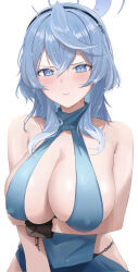 Rule 34 | 1girl, absurdres, ako (blue archive), ako (dress) (blue archive), arm under breasts, bare shoulders, blue archive, blue eyes, blue hair, blush, breasts, covered erect nipples, cuffs, edible sus, halo, highres, large breasts, looking at viewer, official alternate costume, revealing clothes, shackles, sideboob, simple background, skindentation, solo, upper body, white background