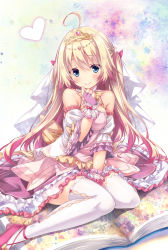 Rule 34 | 1girl, ahoge, bare shoulders, blonde hair, blue eyes, blush, book, braid, breasts, closed mouth, commentary request, dress, frilled dress, frills, hair between eyes, head tilt, heart, highres, long hair, medium breasts, multicolored hair, open book, original, oversized object, pink dress, pink footwear, puffy short sleeves, puffy sleeves, red hair, ryo (botugo), see-through, shoes, short sleeves, smile, solo, streaked hair, thighhighs, tiara, veil, very long hair, white thighhighs, wide sleeves