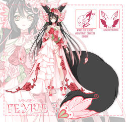 Rule 34 | 1girl, adoptable, animal ears, antennae, artist name, bare shoulders, black hair, bow, bow legwear, bowtie, butterfly wings, choker, collarbone, colored tips, commentary, dotted line, dress, dress flower, english commentary, english text, floral print, flower, fox ears, fox tail, full body, green eyes, head wings, high heels, insect wings, lace-trimmed choker, lace-trimmed sleeves, lace trim, large tail, leaf, long dress, long hair, long sleeves, looking at viewer, multicolored hair, original, outline, parted lips, pink bow, pink bowtie, pink choker, pink dress, pink flower, pink hair, pink rose, pink sleeves, puffy long sleeves, puffy sleeves, red bow, red eyes, red flower, red footwear, red rose, red wings, rose, rose print, sawaiidoll, see-through, see-through sleeves, simple background, single bare leg, solo, straight-on, strapless, strapless dress, tail, two-tone eyes, very long hair, white background, white outline, wings