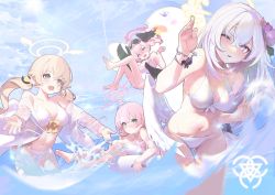 Rule 34 | 4girls, absurdres, amejaga, azusa (blue archive), bikini, blue archive, blush, breasts, cleavage, commentary request, crossed bangs, front-tie bikini top, front-tie top, hair between eyes, halo, hanako (blue archive), head wings, hifumi (blue archive), highres, huge filesize, innertube, koharu (blue archive), large breasts, lens flare, light brown hair, long hair, low twintails, low wings, medium hair, motion blur, multiple girls, ocean, open mouth, pink hair, sky, swim ring, swimsuit, twintails, wading, water, white bikini, wings