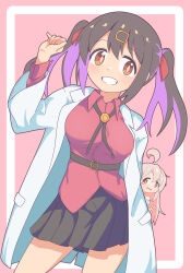 Rule 34 | 2girls, absurdres, ahoge, belt, black hair, black skirt, bolo tie, breasts, brown eyes, coat, commentary, contrapposto, detached ahoge, framed, grin, hair between eyes, hair ornament, hair ribbon, hairclip, highres, lab coat, large breasts, long hair, long sleeves, multicolored hair, multiple girls, namari siro, onii-chan wa oshimai!, open clothes, open coat, oyama mahiro, oyama mihari, peeking out, pink background, pleated skirt, purple hair, red ribbon, red shirt, ribbon, shirt, siblings, simple background, sisters, skirt, smile, solo focus, twintails, two-tone hair, untucked shirt, v, wing collar